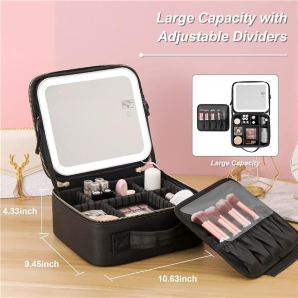 Travel Makeup Bag with Mirror of LED Lighted, Makeup Train Case with Dividers - Picture 3 of 7